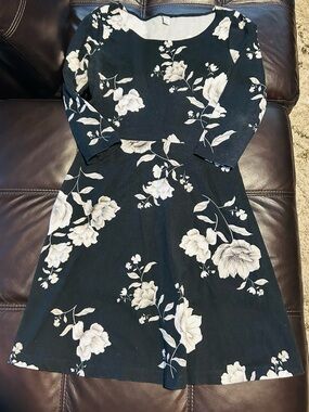 Old Navy Black Fit-and-Flare Dress with Gray & White Floral Print